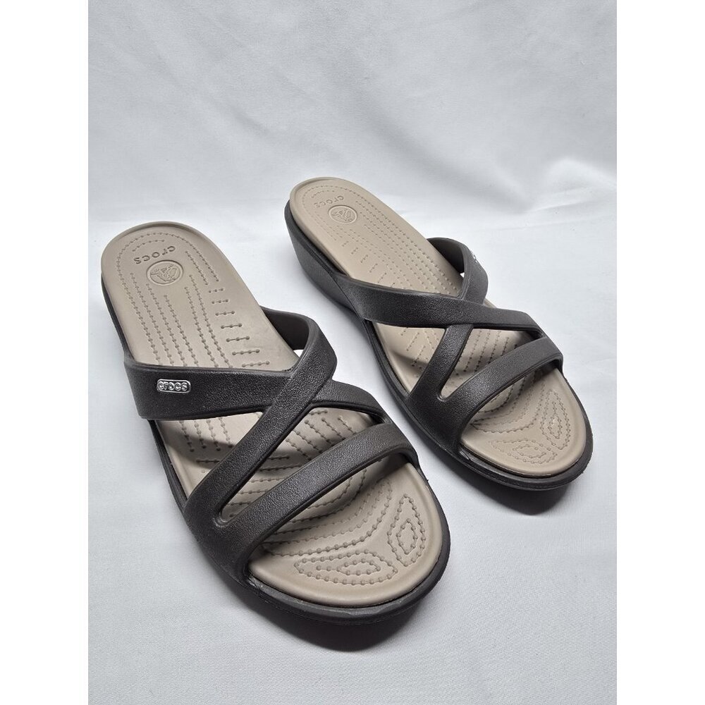 CROCS Patricia II Womens Size 10 Brown/Tan Criss Cross Low Wedge Sandals